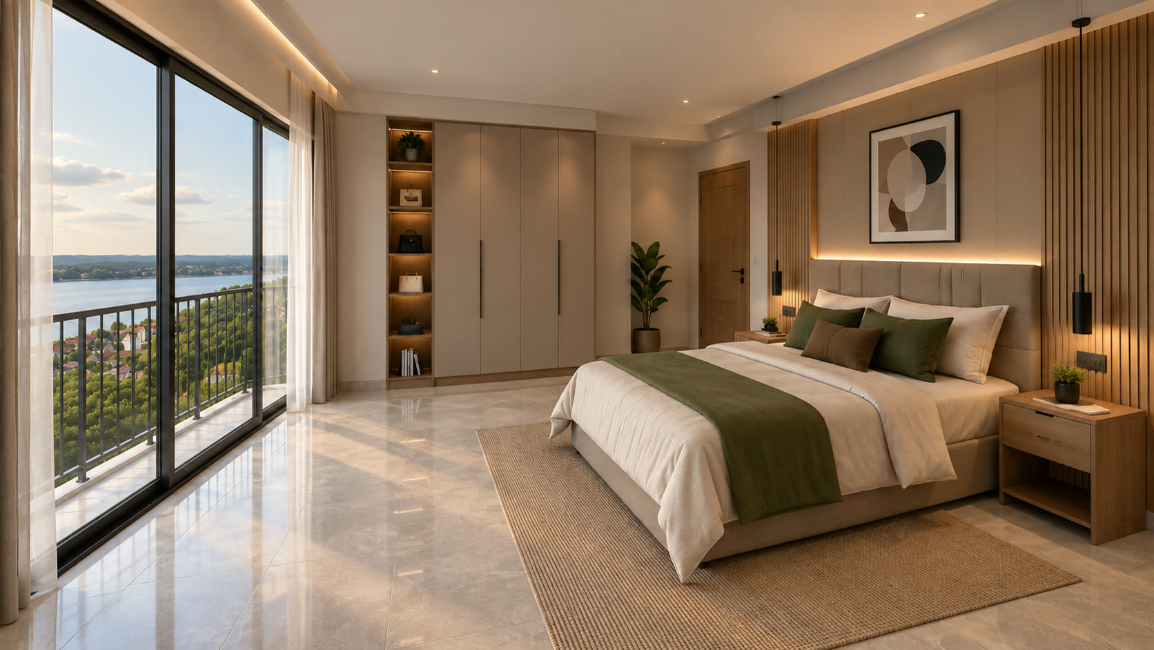 Two-bedroom apartment bedroom with lake view