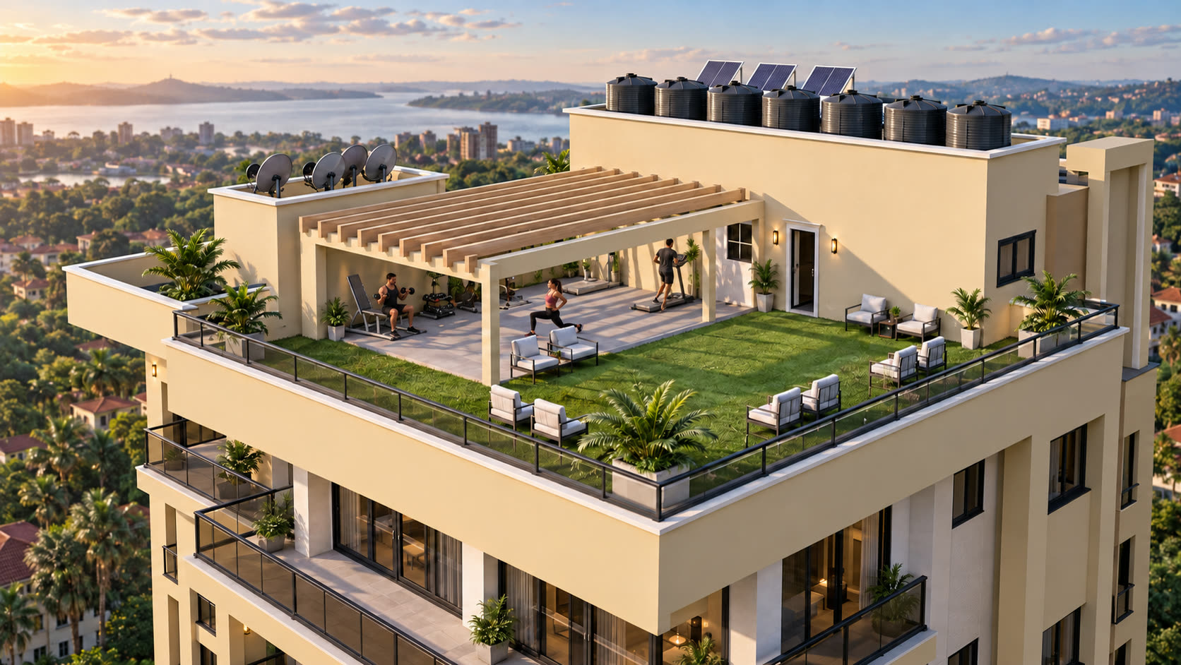 Rooftop terrace and city lake views